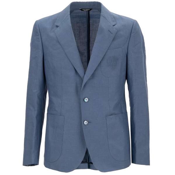 Blazer aus Leinen mit DG Logo Stickerei, fallendem Revers und Taschen in Blau von DOLCE & GABBANA