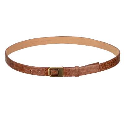 Gold Metal Buckle Croco Leather Belt Brown 95 38