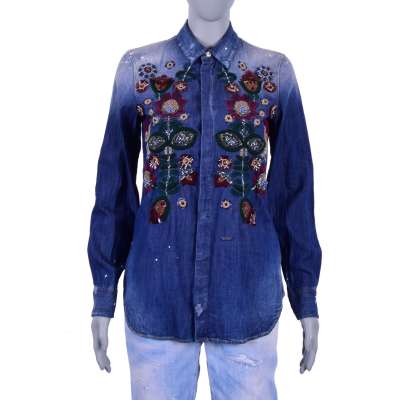 Embroidered Western Style Denim Shirt Blue