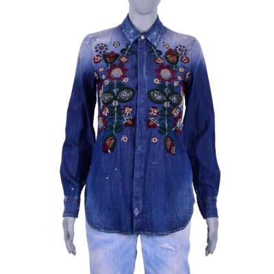 Jeans Hemd mit Western Stickerei Blau