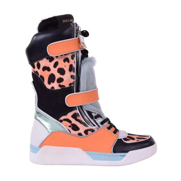 Patchwork High-Top Sneaker Boots aus Leder, Wildleder und Fell mit zwei Reißverschlüssen und Klettverschluss von DOLCE & GABBANA