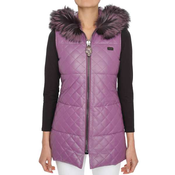 Quilted leather Vest Jacket RADIO with fur hood and metal crystal skull zip pendant in purple by PHILIPP PLEIN COUTURE