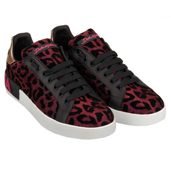 Women Leopard glitter pattern Sneaker PORTOFINO with DG Logo Print in pink, gold and black by DOLCE & GABBANA