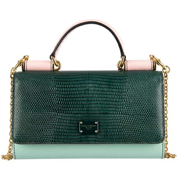 Crossbody leather clutch bag / wallet SICILY VON BAG in green / pink with lizard texture, logo plate and many slots by DOLCE & GABBANA