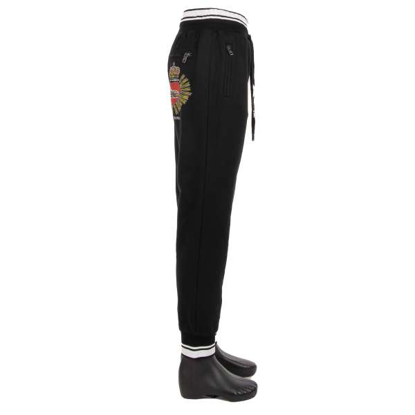 Cotton Track Pants / Joggings Pants ROMA with printed sacred Heart, Crown and logo, elastic waist and zipped pockets by DOLCE & GABBANA
