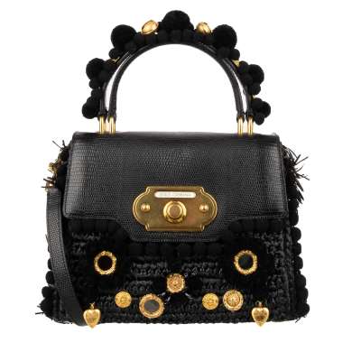 Raffia und Leder Tasche WELCOME Medium mit Anhänger und Bommel Schwarz