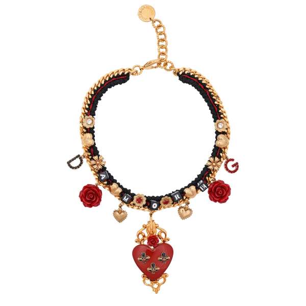 Chocker necklace with sacred heart, roses, crystals and AMORE pendants in red, black and gold by DOLCE & GABBANA