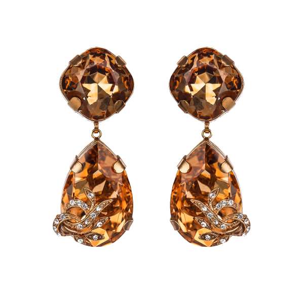 "Strass" Clip Earrings adorned with crystals and floral elements in gold by DOLCE & GABBANA