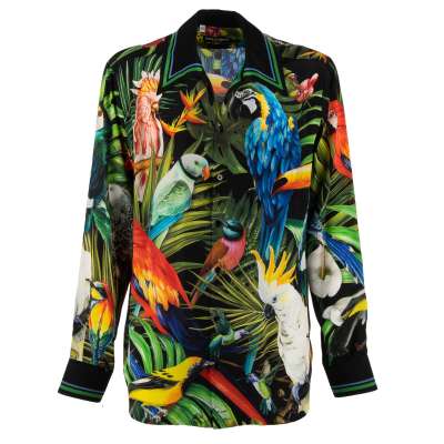 Tropical Parrot and Palm Leaves Printed Silk Shirt Green Black