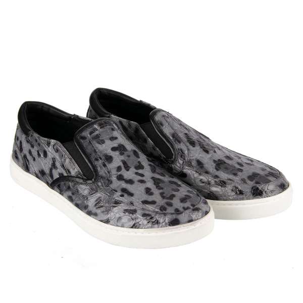 Crocodile Leather (Caiman) Slip-On Sneaker LONDON with leopard print in gray / black and logo by DOLCE & GABBANA