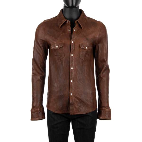 Washed sheep leather shirt jacket with pockets and snap fastening by DOLCE & GABBANA