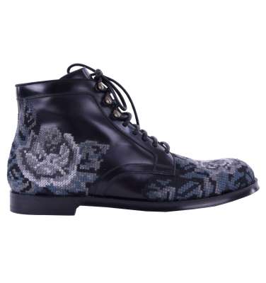Baroque Style Floral Embroidered Boots Black Gray