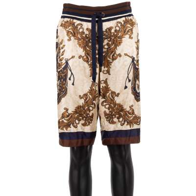 Silk Lined Bermuda Shorts with Heraldry Print Brown Blue 48 M