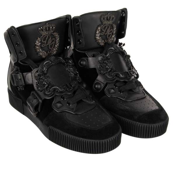 Baroque High-Top Sneaker MIAMI with metal angels applications, crown and logo embroidery in black by DOLCE & GABBANA