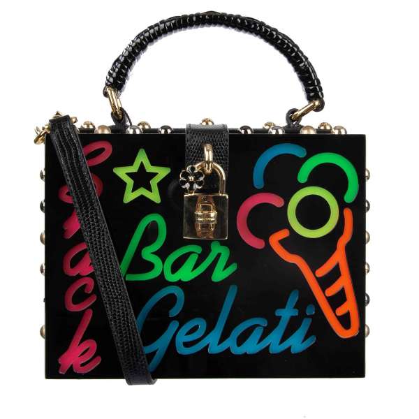 Unique and Rare Plexi clutch / evening bag DOLCE BOX Bar Gelati with real running LED neon sign advertising, studs and decorative padlock by DOLCE & GABBANA