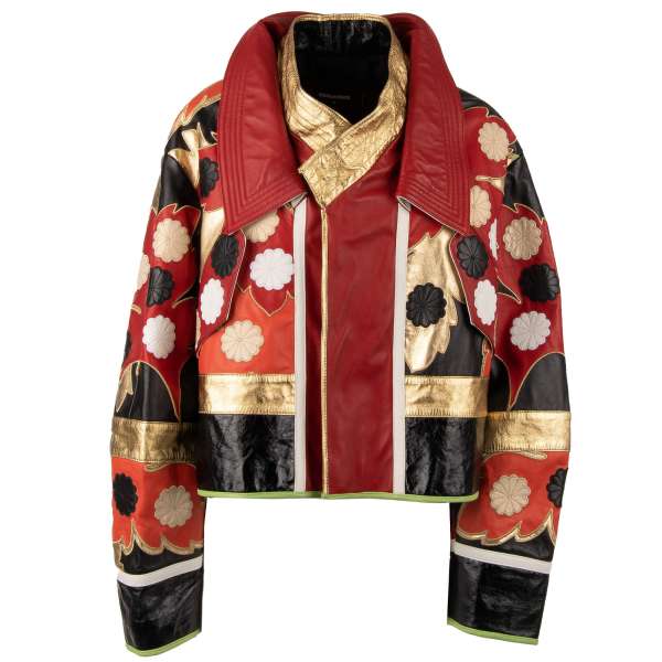 Oversize Leather Biker Style Jacket with floral applications in red, gold, white and black by DSQUARED2