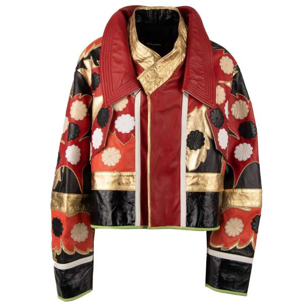 Oversize Biker Stil Jacke aus Lammleder mit Blumen Applikationen in Gold, Rot, Weiß und Schwarz von DSQUARED