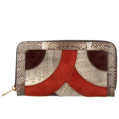 Patchwork Snakeskin Suede Leather Zip-Around Wallet Beige Red Brown