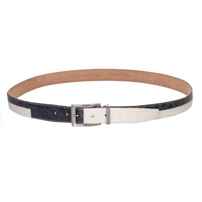 Metal Buckle Croco Leather Belt White Blue Silver