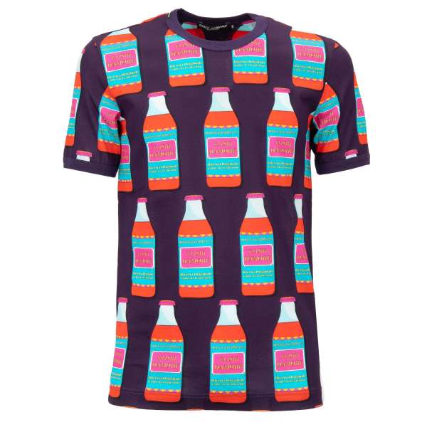 Baumwolle T-Shirt mit Elisir D'Amore / Elixier der Liebe Flasche und DG Logo Print in Lila, Blau, Pink und Orange von DOLCE & GABBANA