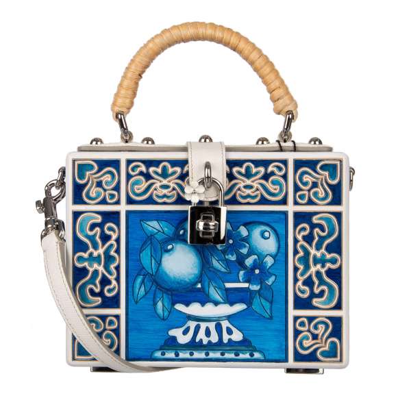 Wooden hand painted Majolica bag / shoulder bag / clutch DOLCE BOX with carved decorations and decorative padlock with flower in blue and white by DOLCE & GABBANA