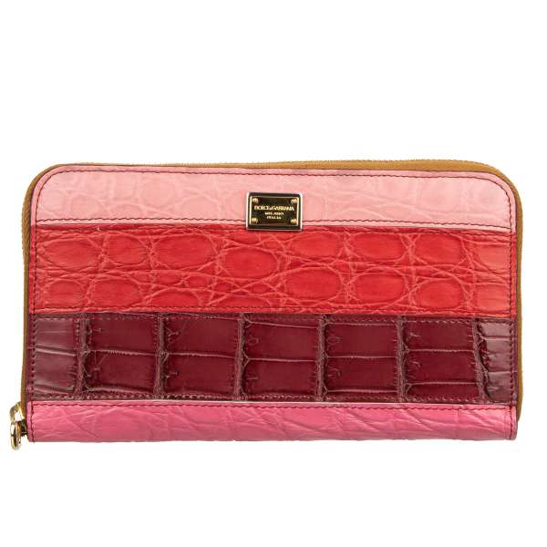 Striped Crocodile Leather Patchwork Zip-Around wallet with logo plate in red and pink by DOLCE & GABBANA