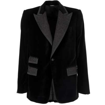 Floral Jacquard Velvet Blazer Tuxedo Jacket Black 52 US 42 L