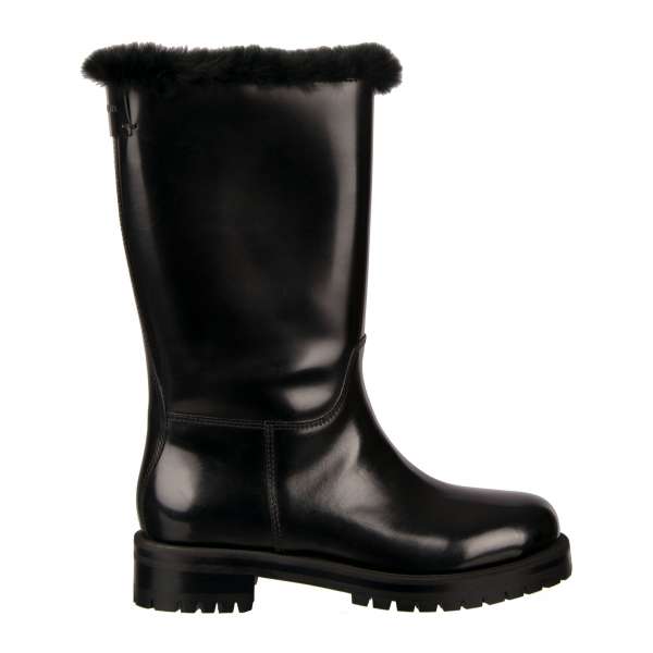 Leather Boots BIKER with fur trim and Dolce&Gabbana logo on the back in black by DOLCE & GABBANA