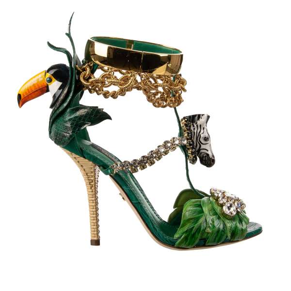 Tropical theme leather Heels Sandals KEIRA with bird, zebra, crystals, hand painted decorations and straps in green and gold by DOLCE & GABBANA