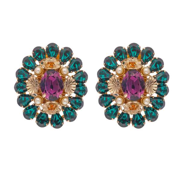 Baroque Clip Earrings with pearls and crystals in orange, purple and gold by DOLCE & GABBANA