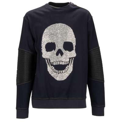 Denim Sweatshirt COREY with Crystals Skull and Zip Details Blue Black L