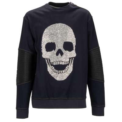 Denim Sweatshirt COREY mit Kristallen Skull und Logo Blau Schwarz L Denim Sweatshirt COREY mit Kristallen Skull und Logo Blau Schwarz L