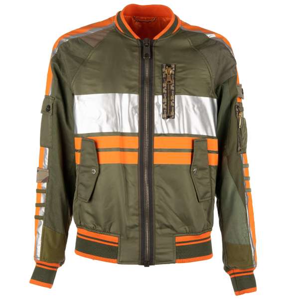 Biker Style Patchwork Nylon and Canvas Bomber Jacket with pockets, large DG Logo at the back and metallic details by DOLCE & GABBANA