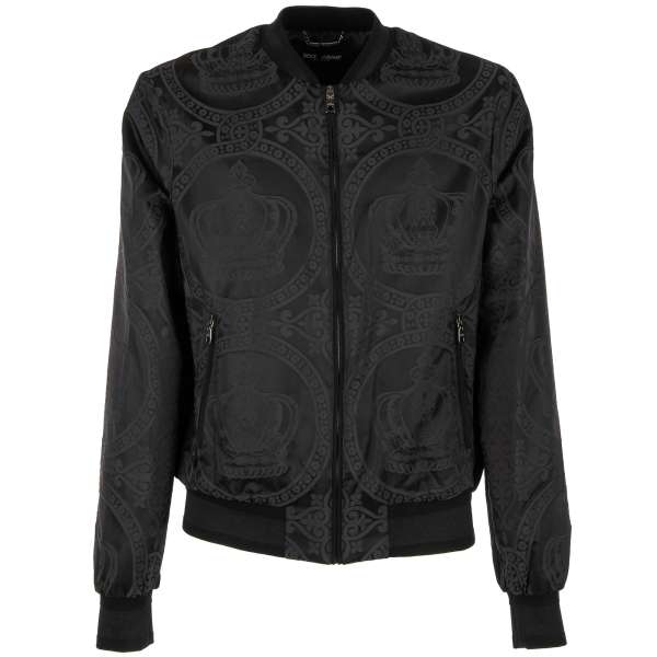 Crown printed nylon bomber jacket with zip pockets, logo and knit details by DOLCE & GABBANA