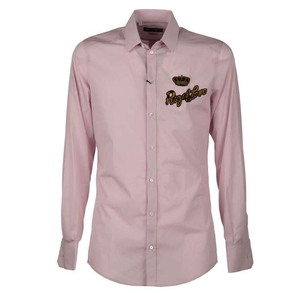Cotton shirt with goldwork crown and Royal Love embroidery in pink by DOLCE & GABBANA  - GOLD Line
