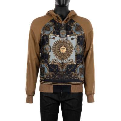 Hooded Cashmere and Silk Jacket with Royal Print Brown