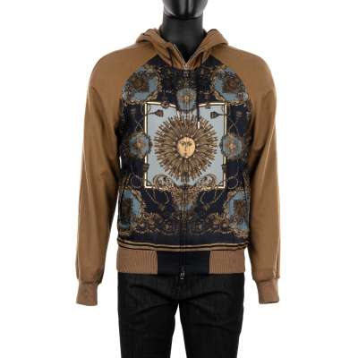 Jacke aus Kaschmir und Seide mit Kapuze und Royal Print Braun