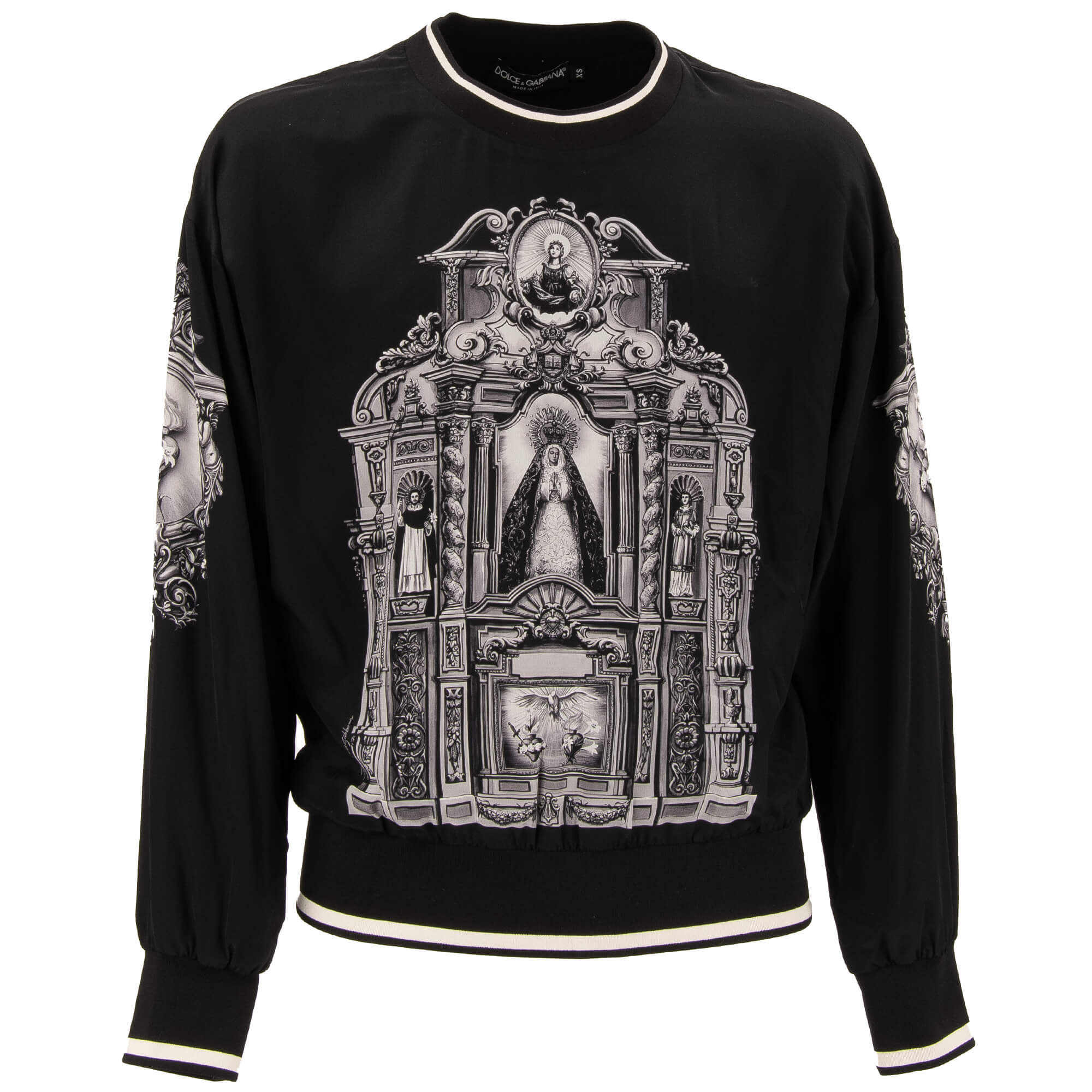 Dolce Gabbana Lined Silk Sweater with Maria Heart Print Black