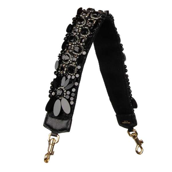 Cotton and raffia bag Strap / Handle embellished with hand made crystal and pearl embroidery in black by DOLCE & GABBANA