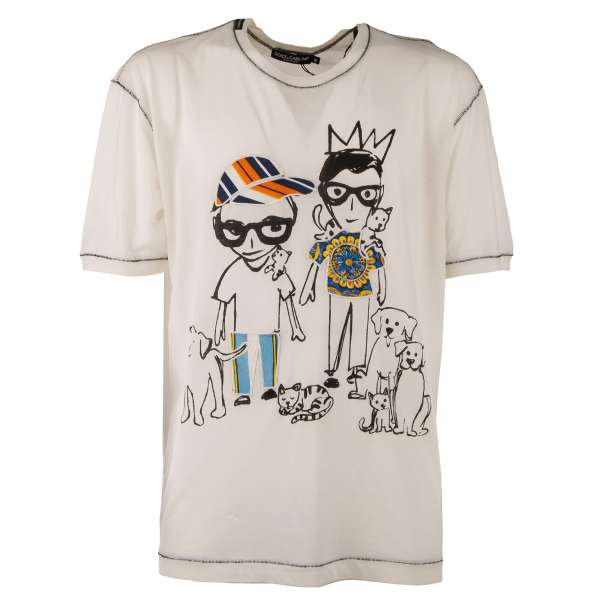 Thin Cotton T-Shirt with Stefano and Domenico Designer Print, Majolica silk patches and logo sticker by DOLCE & GABBANA