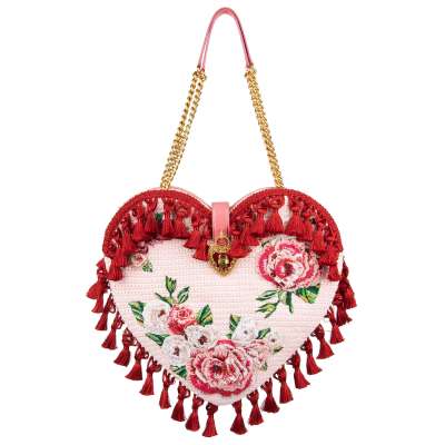 Crochet Shoulder Bag MY HEART with Tassels and Floral Embroidery Pink