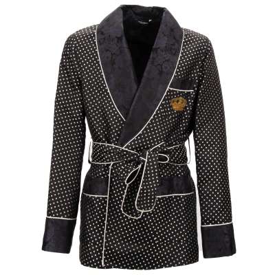 Floral Polka Dot Seide Jacquard Mantel Blazer Gold Krone Stickerei Schwarz 