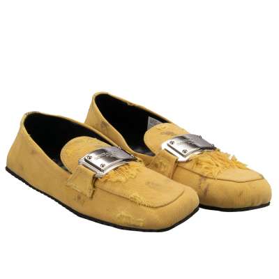 DG Metal Silver Logo Denim Moccasins Shoes Yellow 43 UK 9 US 10