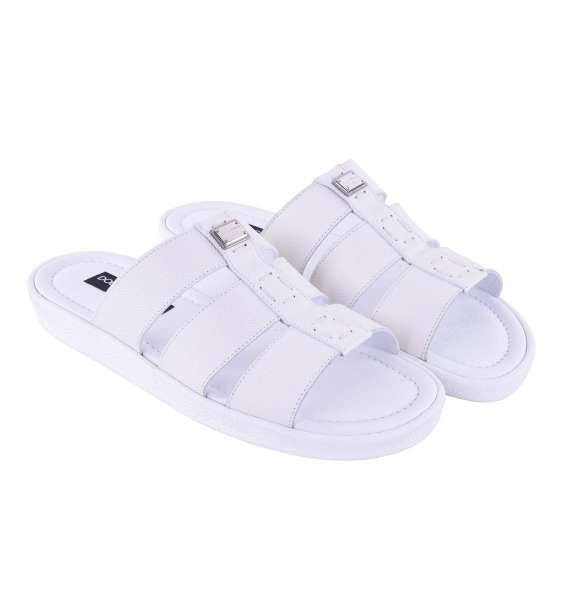 Dauphine Leather Slide Sandals MEDITERRANEO with Logo Plate by DOLCE & GABBANA