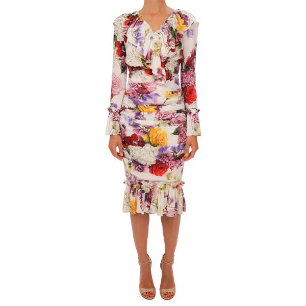 Silk dress with wild colorful flowers print in white, purple, red and green by DOLCE & GABBANA