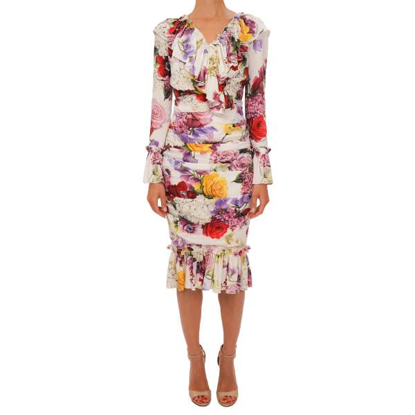 Kleid aus Seide mit mehrfarbigen Blumen Print in Weiß, Lila, Rot und Grün von DOLCE & GABBANA