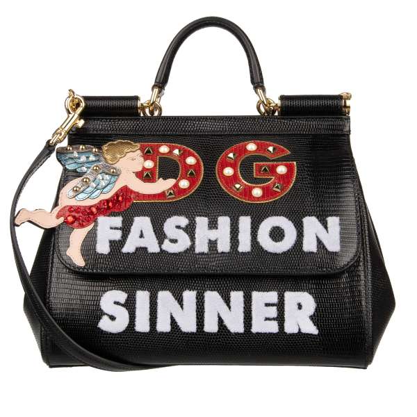 Handtasche / Schultertasche SICILY mit bestickten "Fashion Sinner" Schriftzug, DG Logo, Engel, Nieten und Logo Schild von DOLCE & GABBANA
