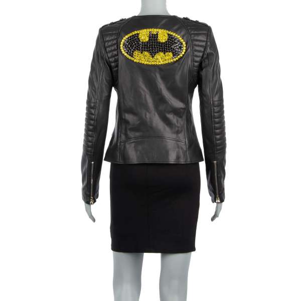 BAT GIRL Lederjacke mit Kristallen Stickerei an Rücken in Schwarz von PHILIPP PLEIN COUTURE