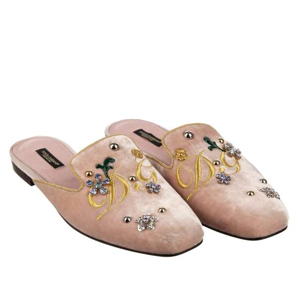 Velvet Mules Shoes JACKIE in gold embroidered logo, crystals and studs in pink by DOLCE & GABBANA