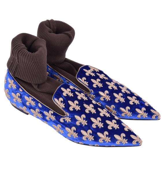Pointed velour socks loafer with gold embroidery by DOLCE & GABBANA Black Label